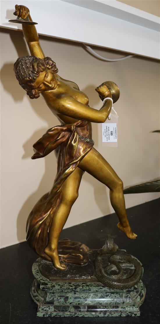 ROSSI. A bronze dancing girl with a king cobra, on a marble base, overall height 23.75in.